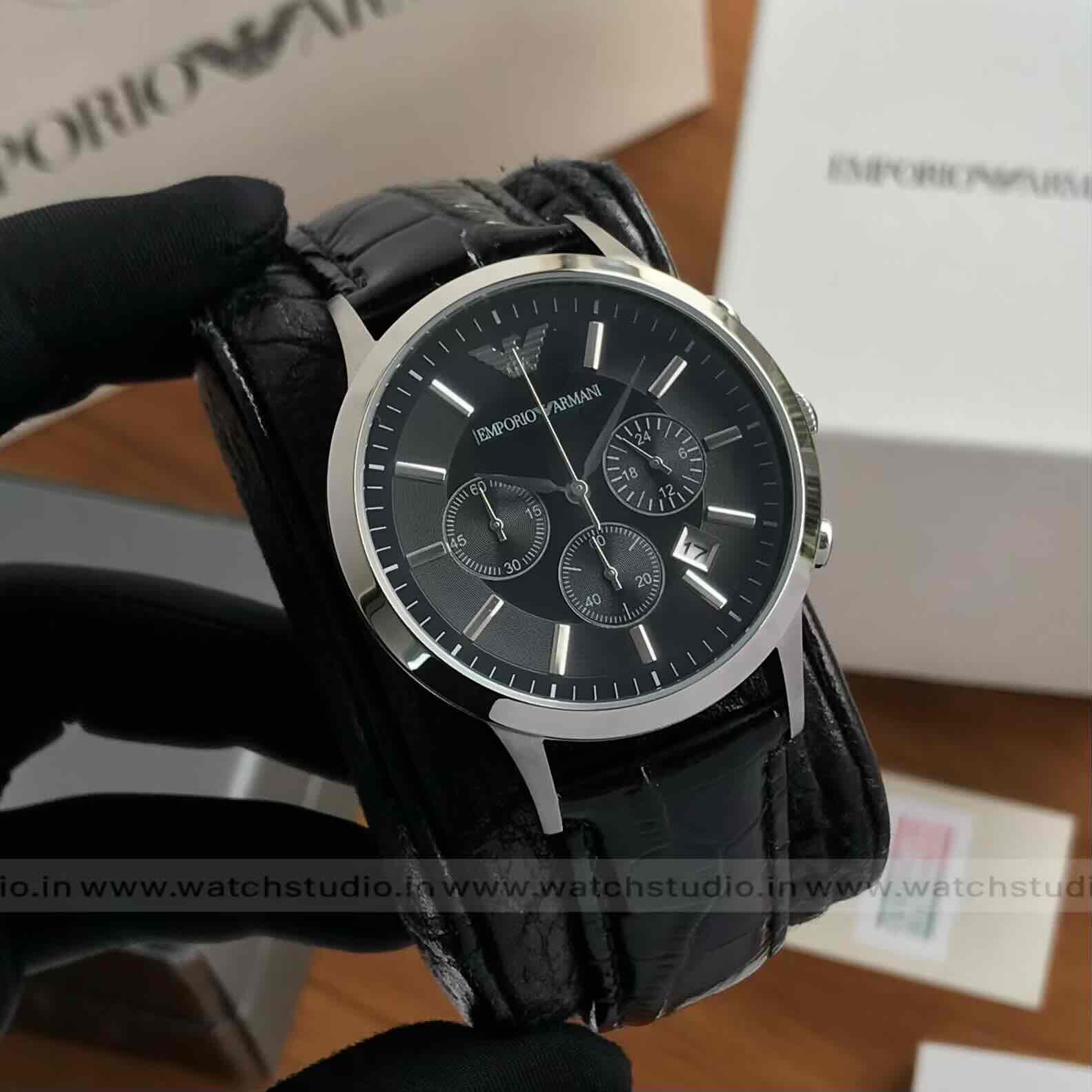 Emporio Armani Renato Chronograph Black Dial 40mm Quartz Leather Strap Men’s Watch Emporio Armani Renato Chronograph Black Dial 40mm Quartz Leather Strap Men’s Watch