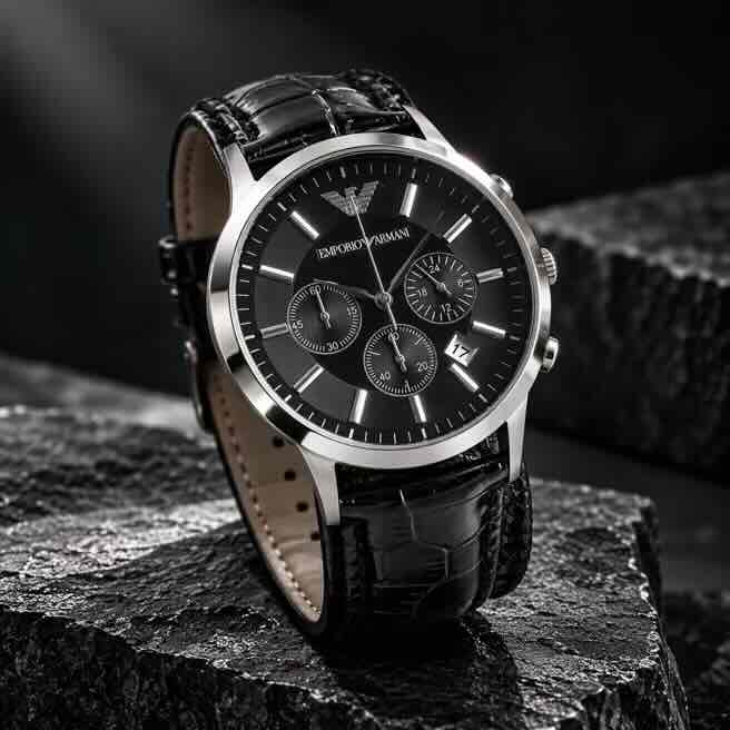 Emporio Armani Renato Chronograph Black Dial 40mm Quartz Leather Strap Men’s Watch Emporio Armani Renato Chronograph Black Dial 40mm Quartz Leather Strap Men’s Watch - Image 3